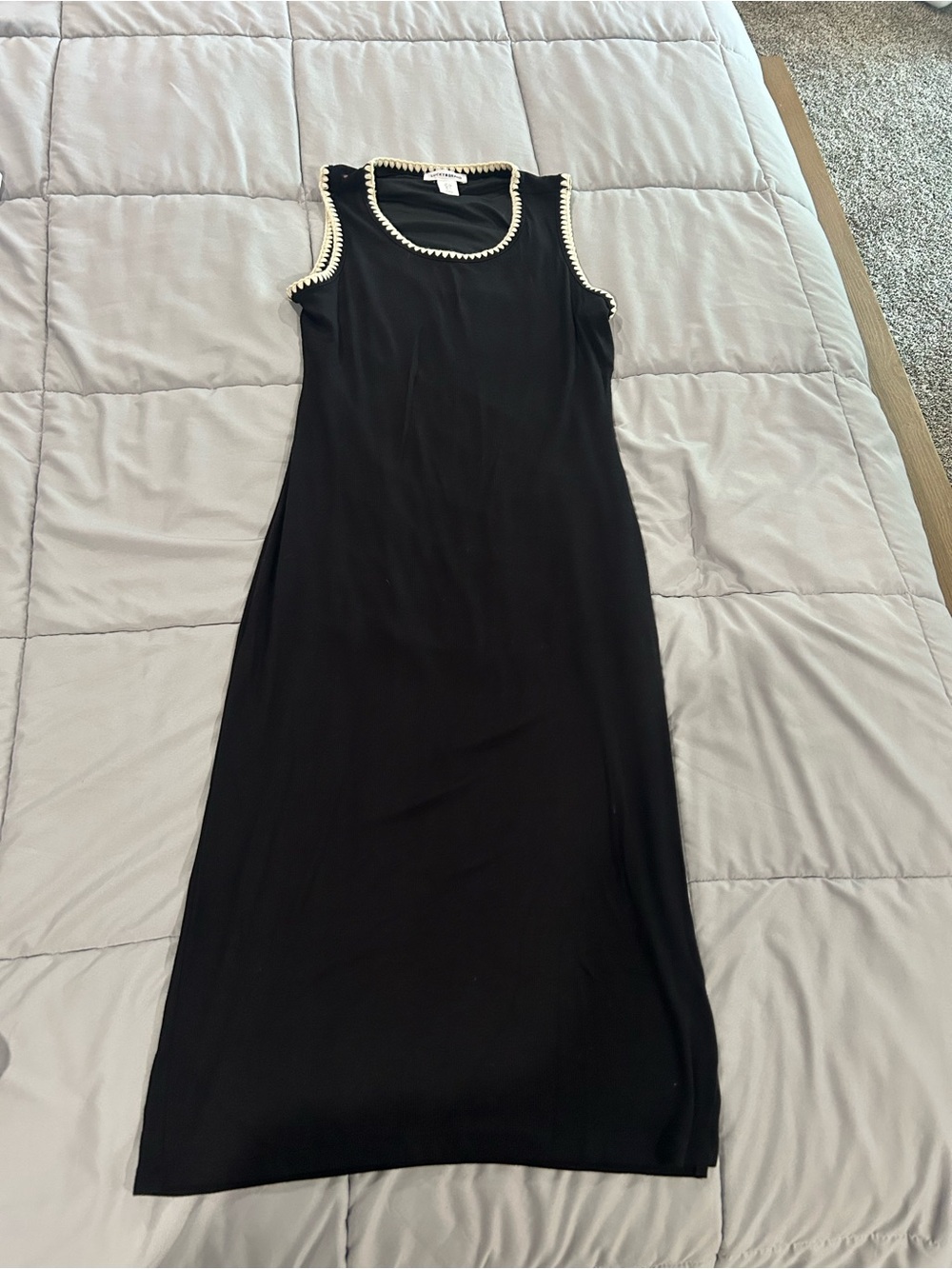 Lucky Brand Black Maxi Dress with Cream Trim & side slit.